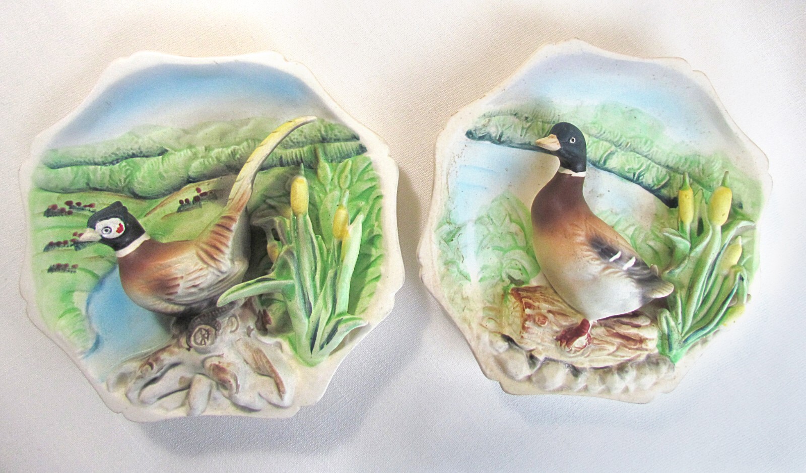 Vintage 3D Plaster Wall Plaques Plates Mallard Duck/Pheasant 1950’s MCM Japan 6″