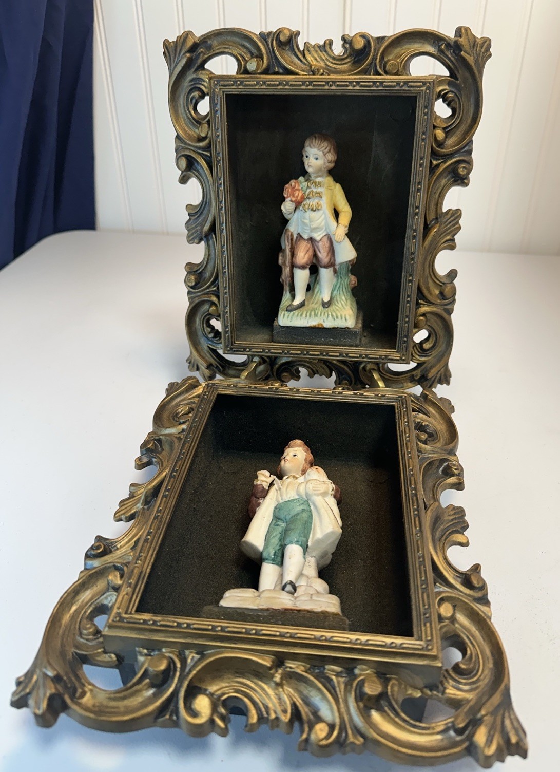 (2) Two 1950’s Norleans Gold Shadow Box Frames Porcelain Figurines Wall Decor