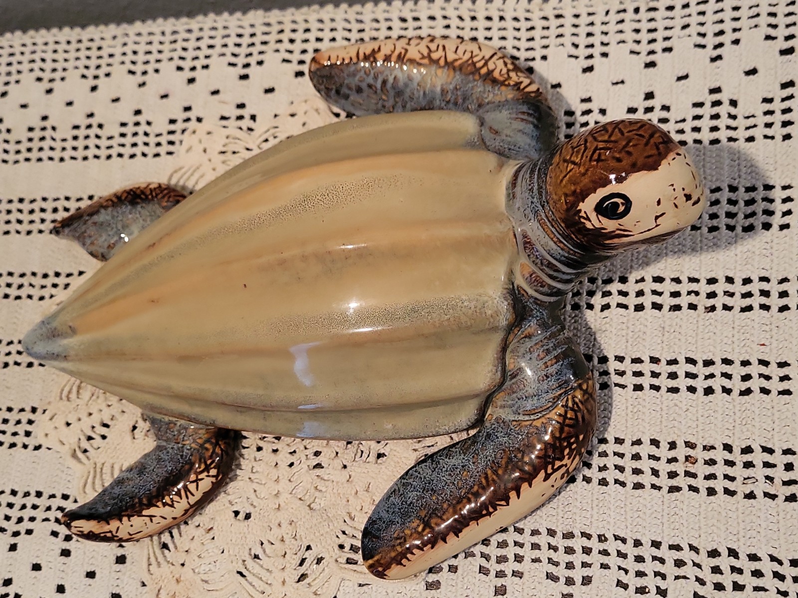 Unique Large Glazed Ceramic Leatherback Turtle Figurine 13″ Long