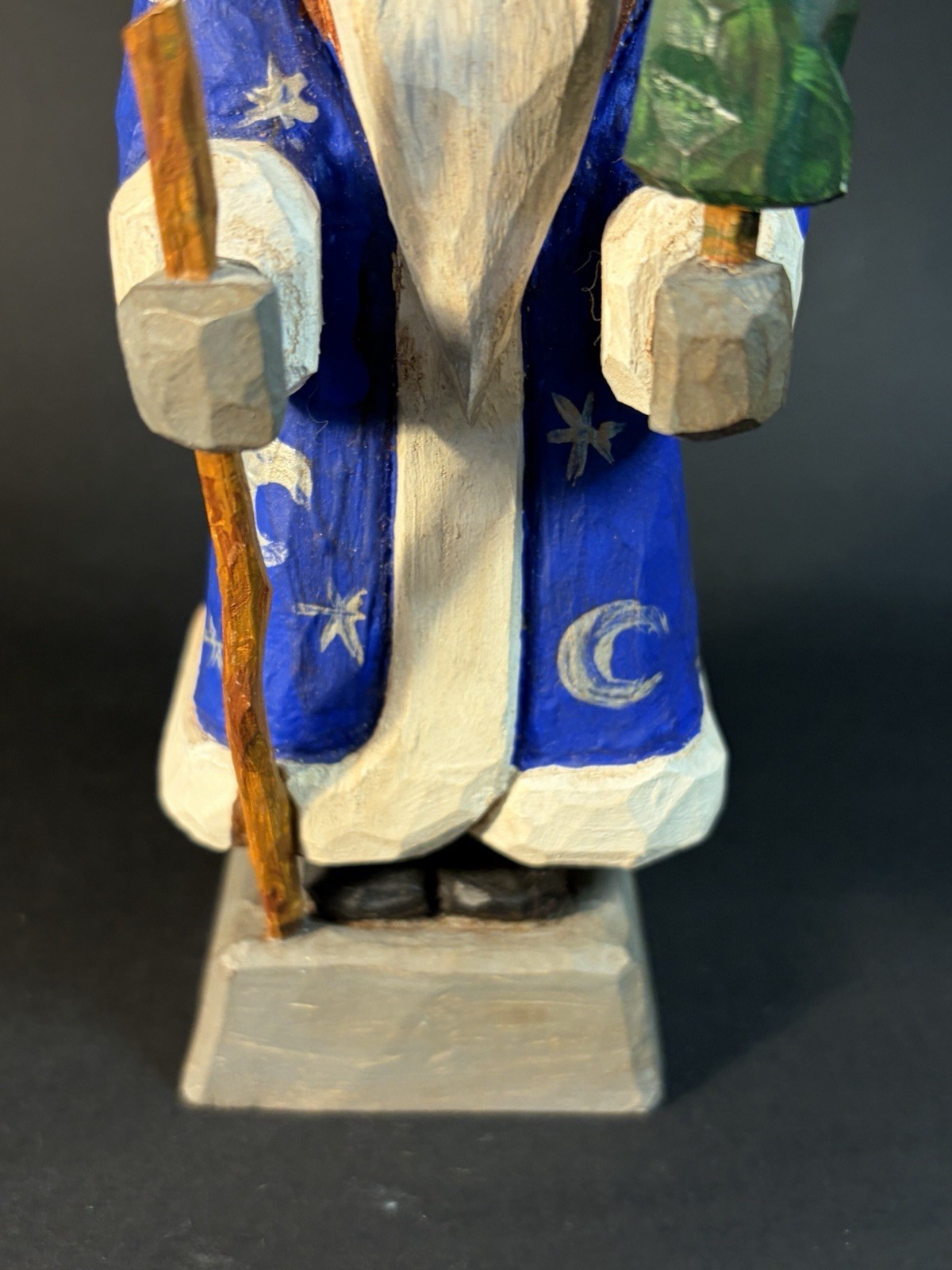 Folk Art Santa With Staff & Tree &Wizard Jacket Wood Carving 6.5” By ME ME 1999