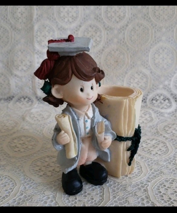 Vintage Resin Graduation Girl Figurine Pen Holder 4.5″ Tall