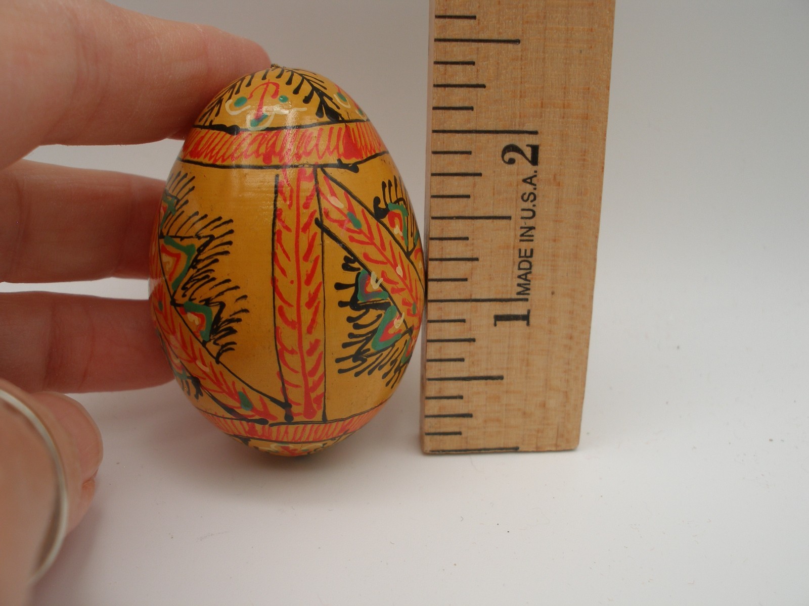 Hand-Painted Ukrainian? wood Easter Egg; gold, green, orange