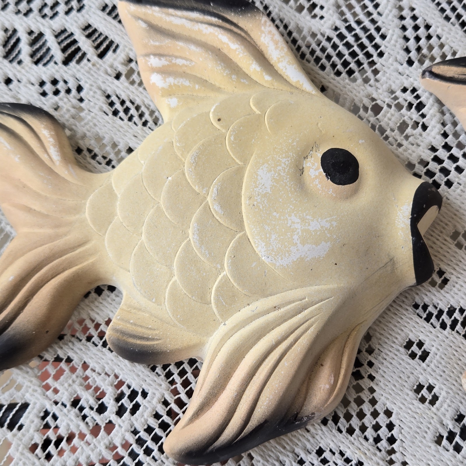 3 Vtg 1960 Miller Studio MCM Fish Chalkware Plaque Wall Hanging Black Cream