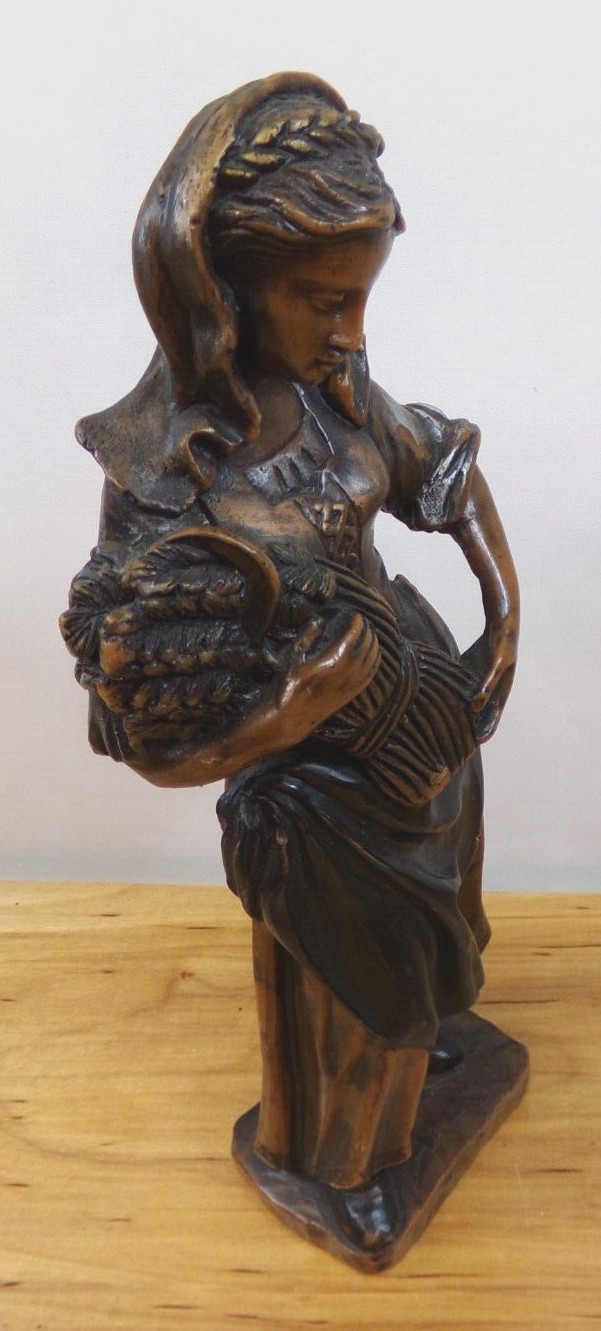 Vintage German Wax Figurine of Lady Carrying a Bundle of Wheat 13 inches Tall