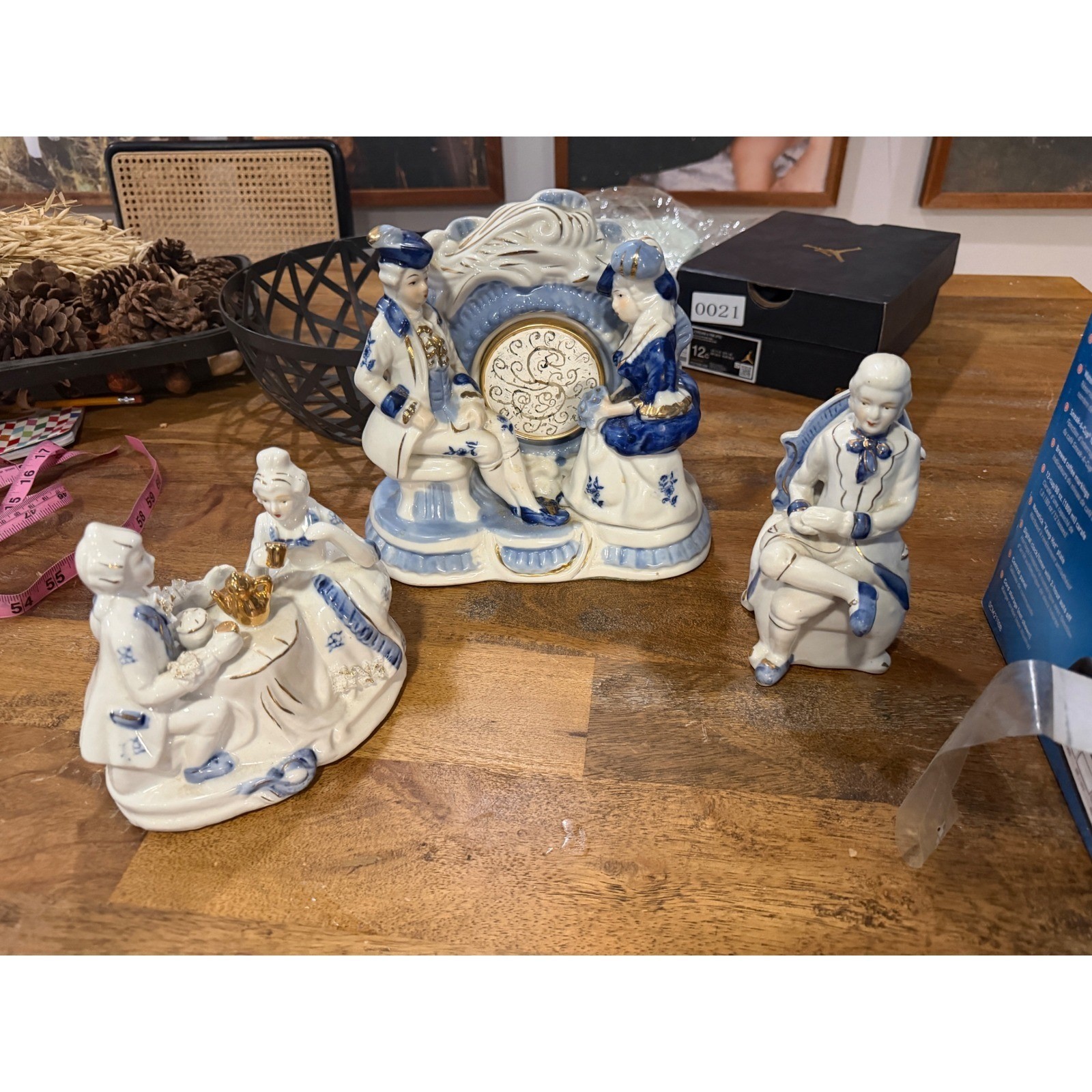 Unbranded Porcelain Figurine Set 3pc Blue White Gold Gilt Courtly Scenes Unisex
