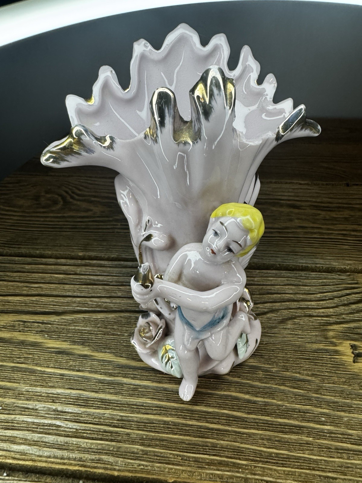 Vintage Porcelain Cherub Vase Ruffled Lustre Rim Silver Gold Angel Figurine