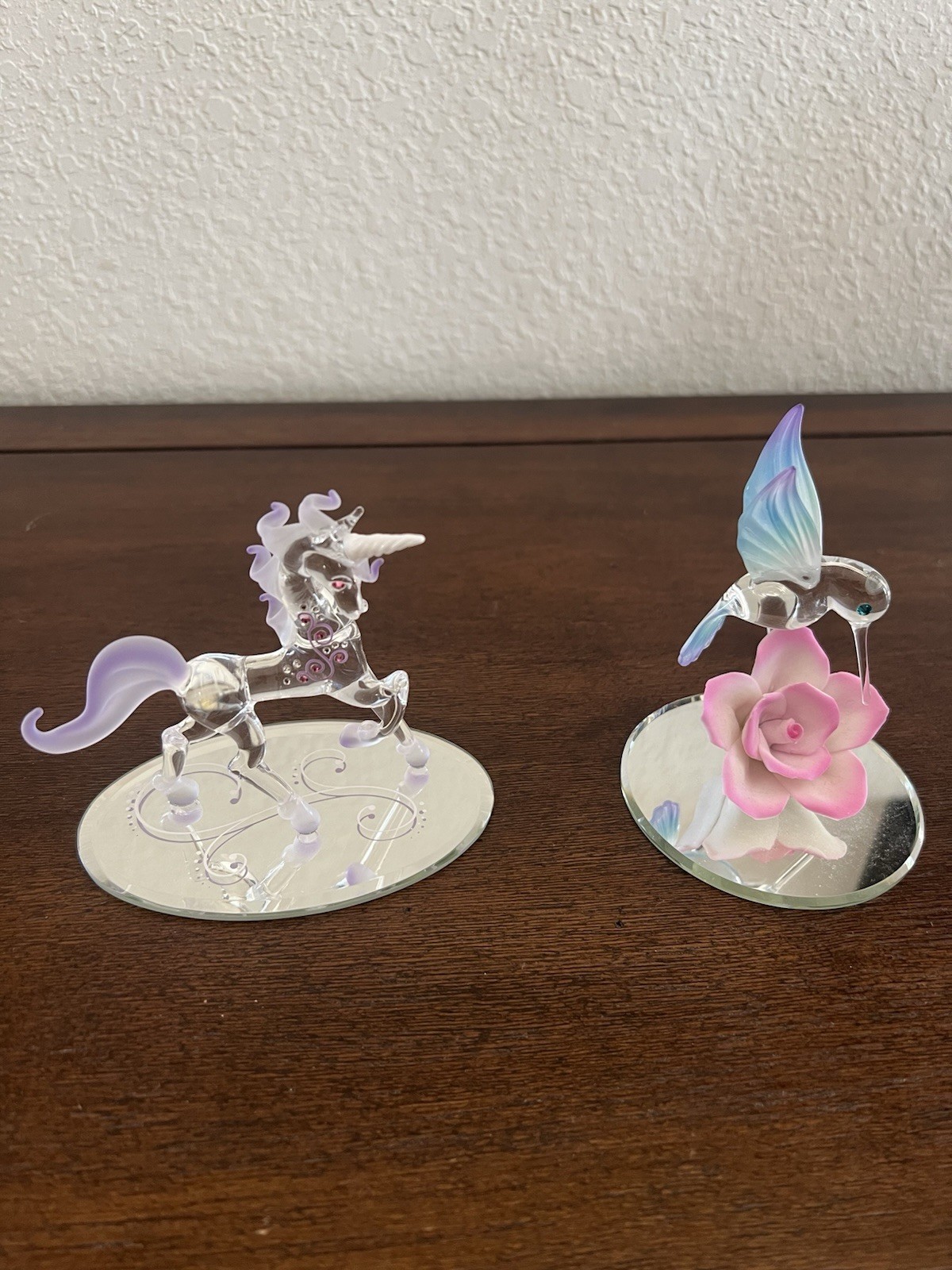 Lot of 2 Gorgeous Glass Baron Hummingbird Pink Rose and Unicorn Figurine