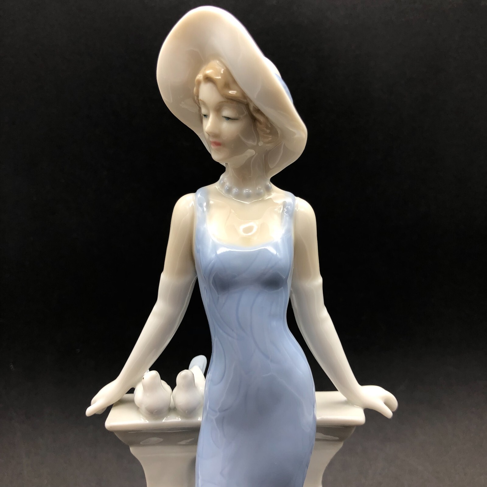 Porcelain Art Deco Statue Woman in Blue Dress Posing by Fireplace with Birds GUC