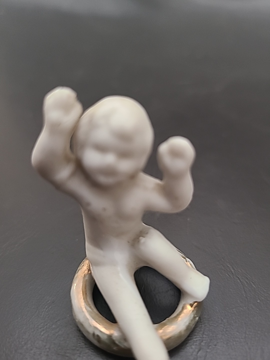 Vintage Bisque Cherub Figurine on Gold Ring — Early 1900s, Missing Wings