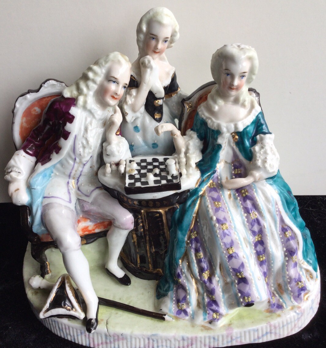 Antique German Fairing 3 Adults Playing Chess 1860~?