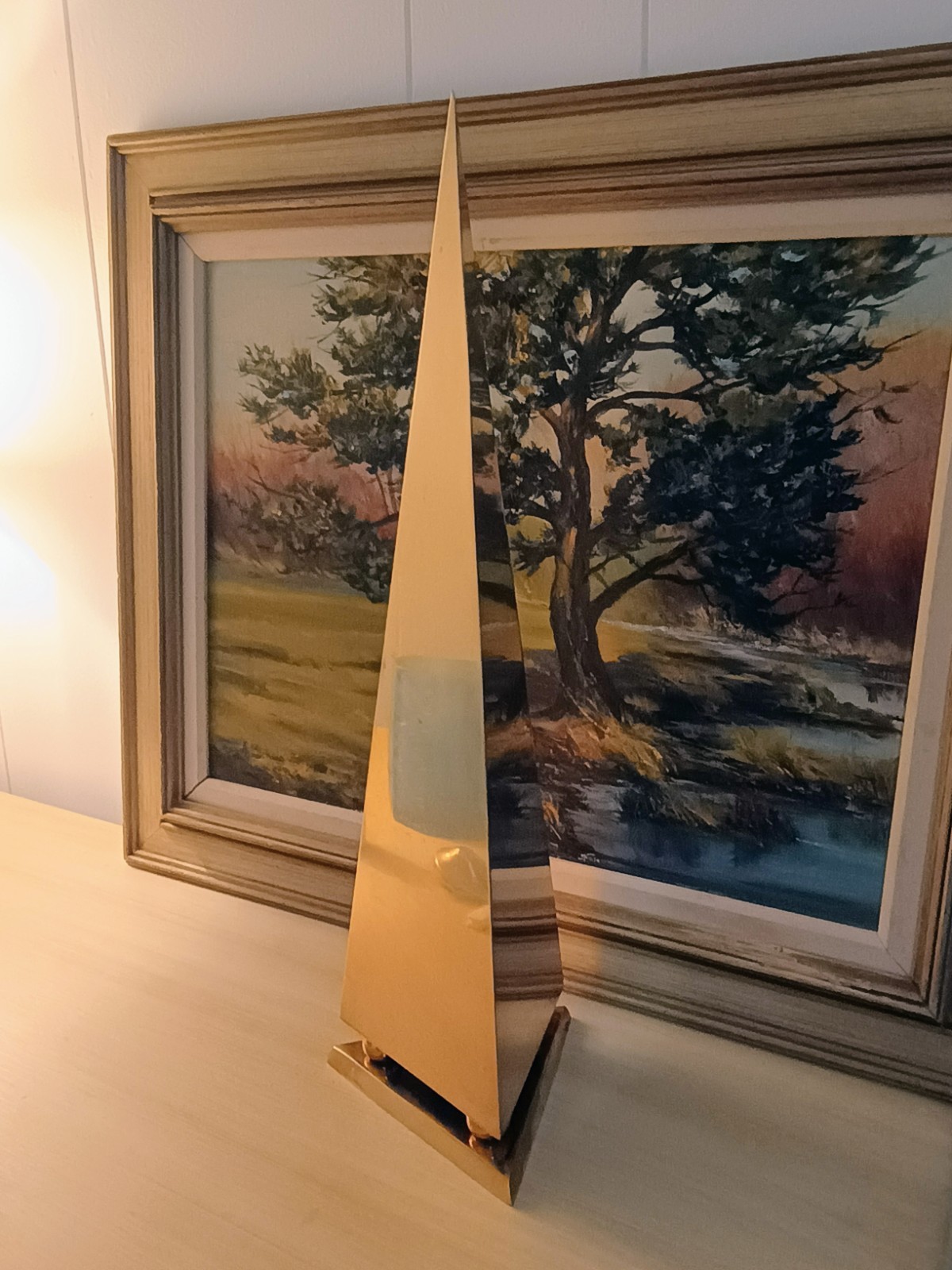 Vintage Brass MCM Eclectic Sculpture Obelisk, Pyramid Ball Base 19″
