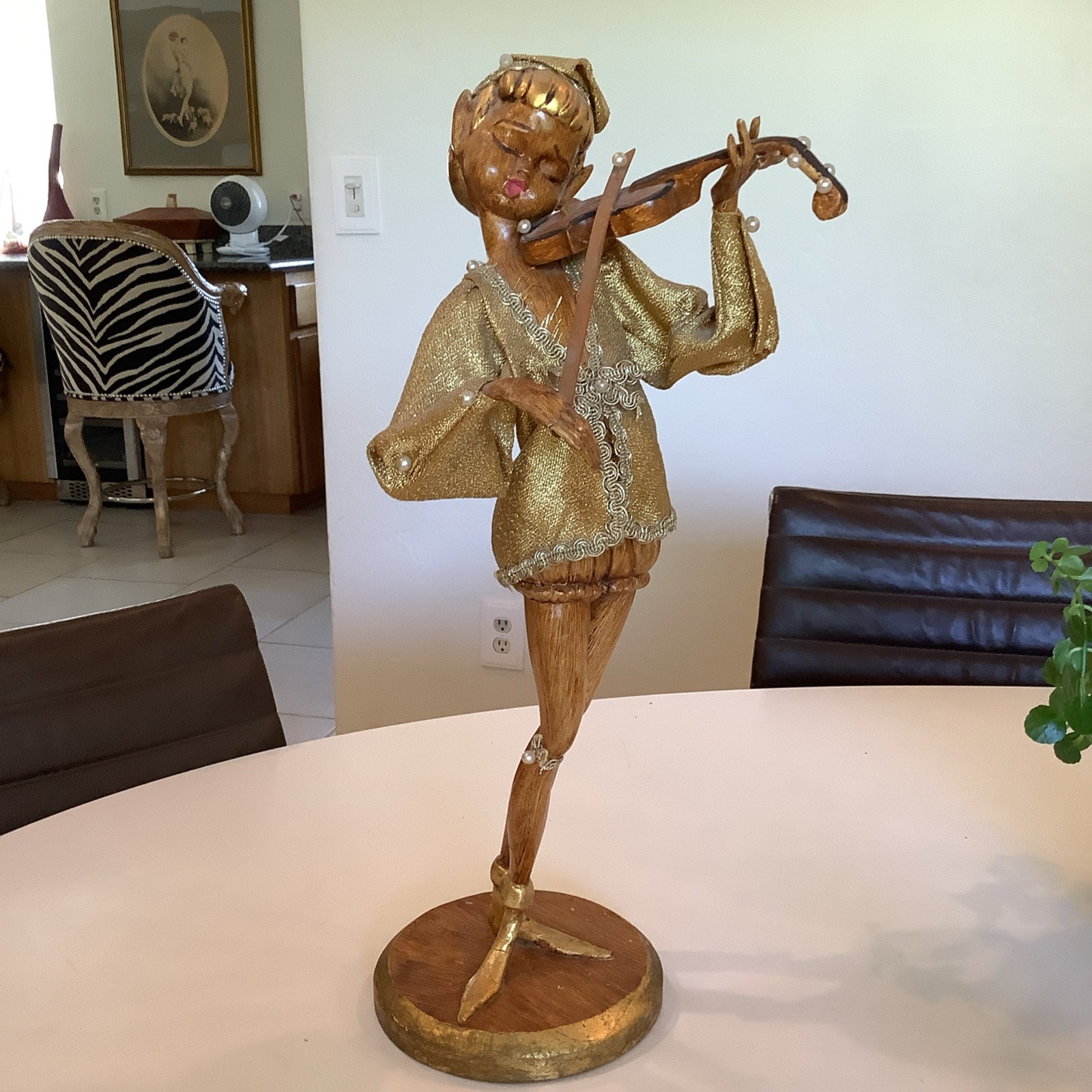 MCM Gilt Wood Composite 17.5” Pixie Elf Playing Violin Hollywood Regency
