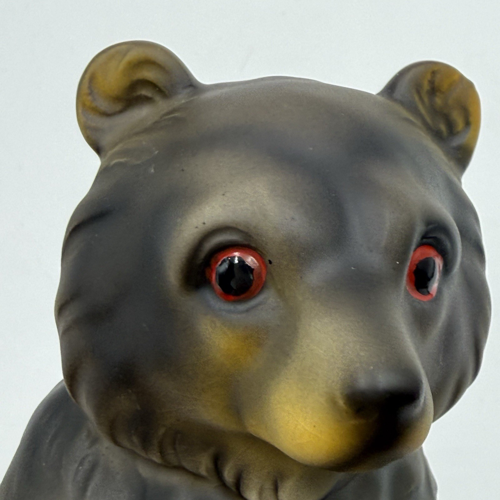 Brown Black Bear Holding Fish Ceramic Vintage Figurine Matte Finish