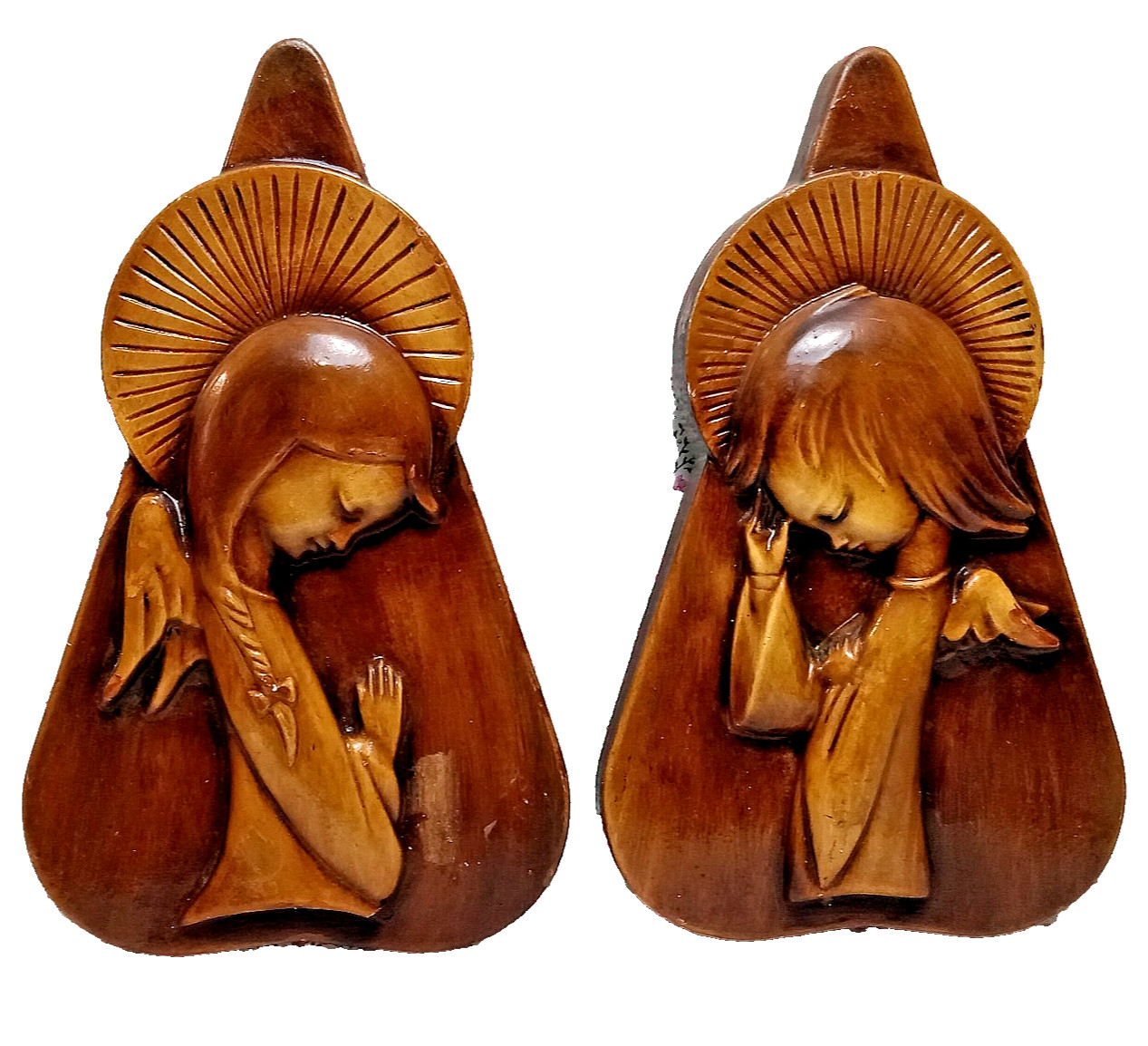 MCM Angel Wall Art Plaques Pair 9″ Praying Angels Plaster Brown UNIQUE