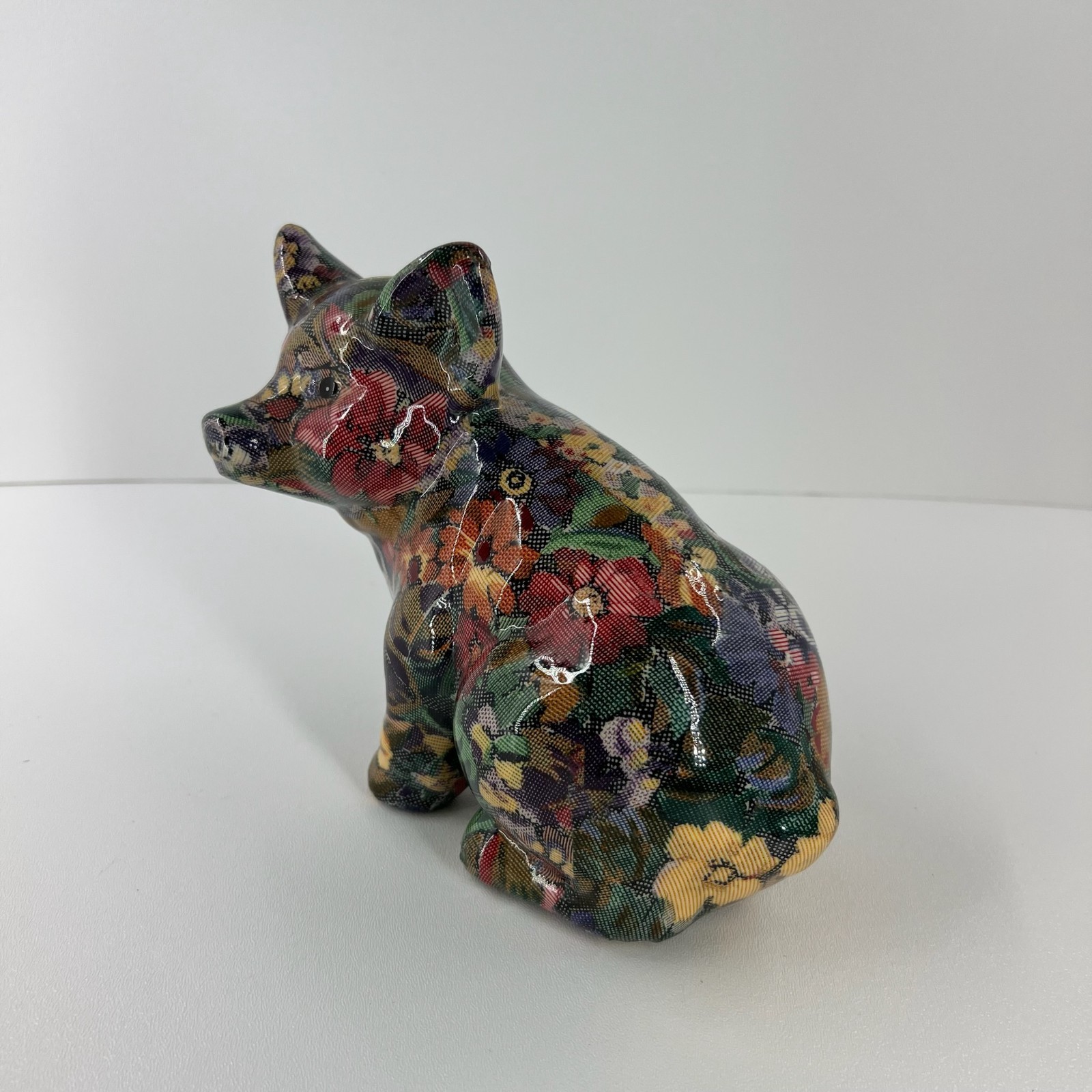 Joan Baker Porcelain Patchworks Floral Pig Figurine Vtg Decoupage 7″ Multicolor