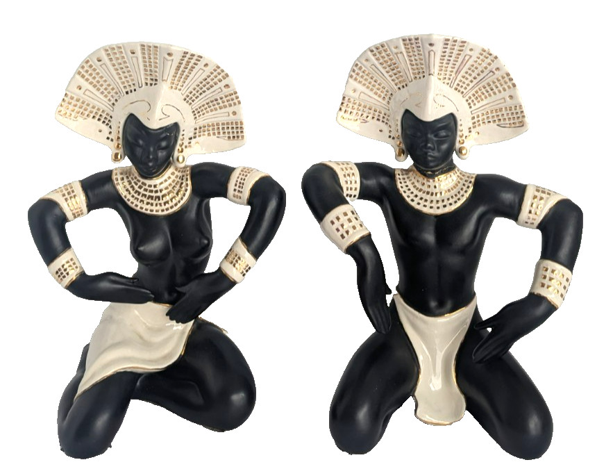 Vintage MCM Nubian Dancer Ceramic Figurines Pair Black Gold Man Repaired 12.5in