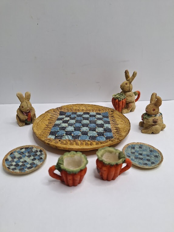 Miniature Tea Set Spring Bunny Rabbit Family & Carrot Popular Imports 1994 10Pc