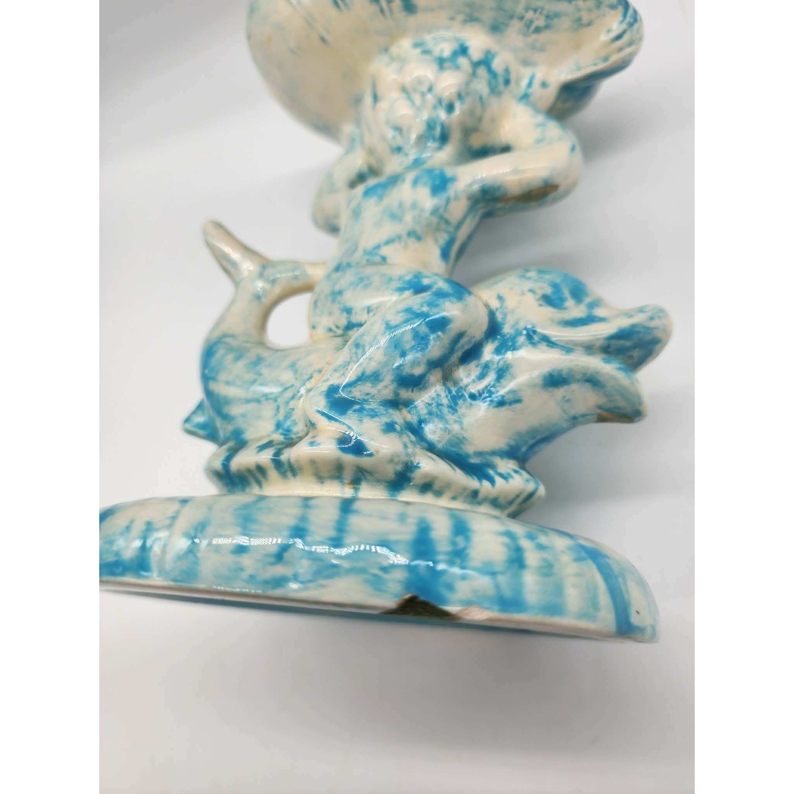 Vintage Blue White Ceramic Cherub Riding Dolphin Shell Soap Dish Trinket Bowl