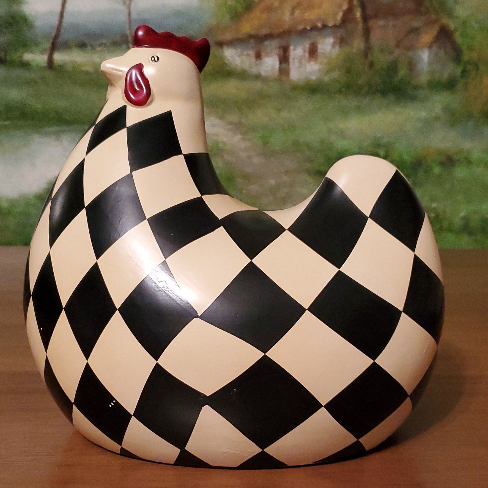 Black White Checkered Chicken Figurine Ceramic Glossy Finish 8.5″ X 8″in
