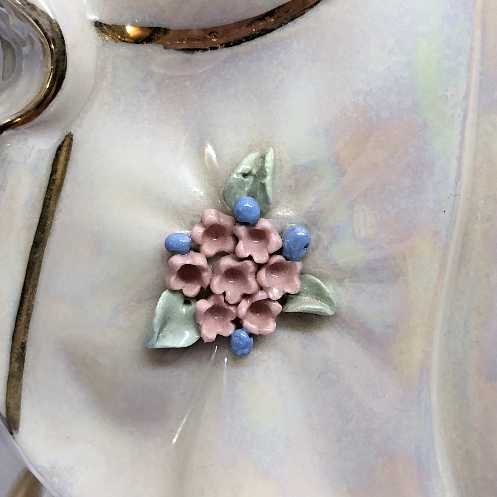 Vintage Porcelain Figurine Elegant Lady Hand Painted Applied Flowers Iridescent