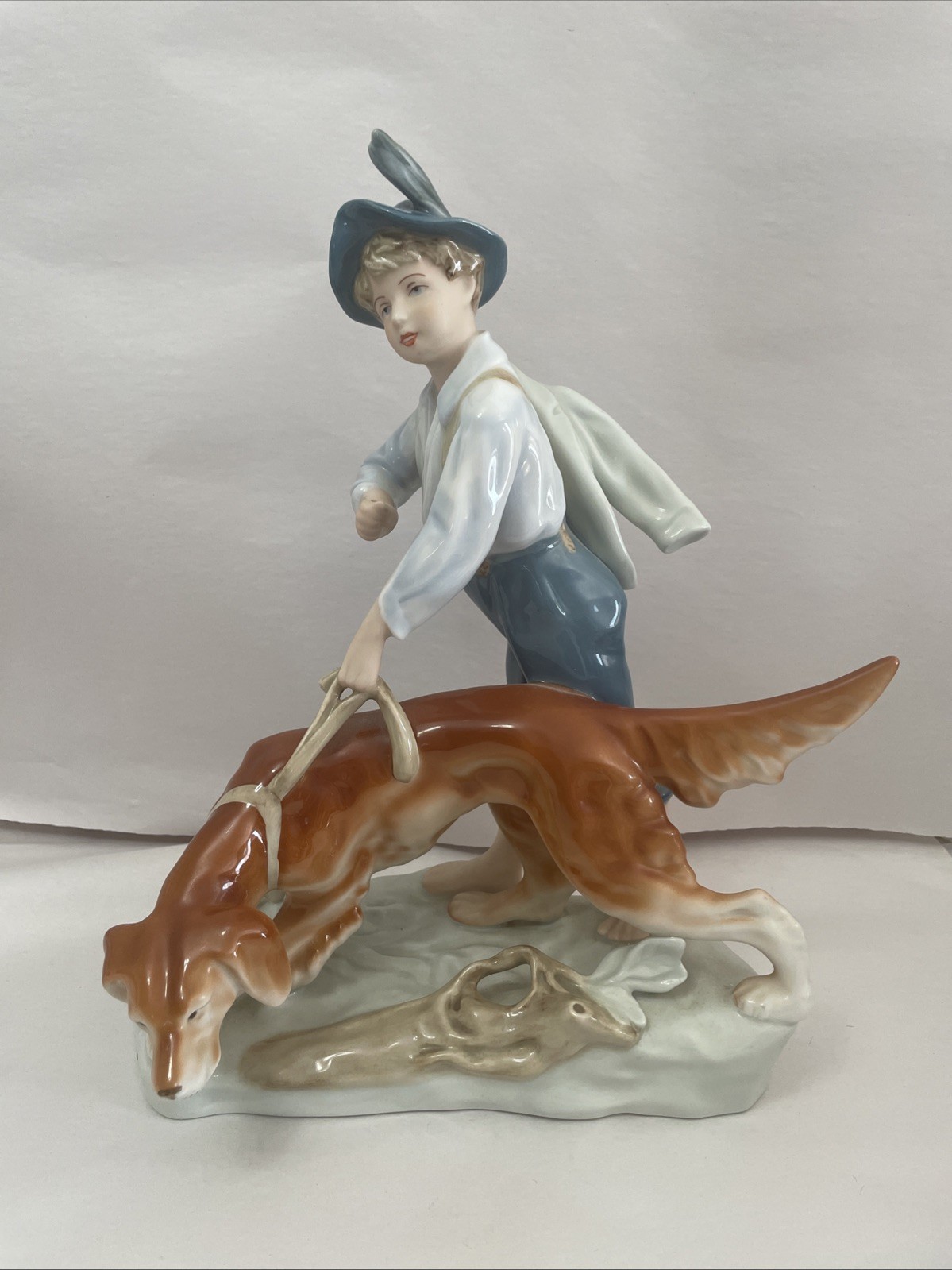 RARE Large Royal Dux Boy with Hound Golden Retriever Czech Republic Hand Painted