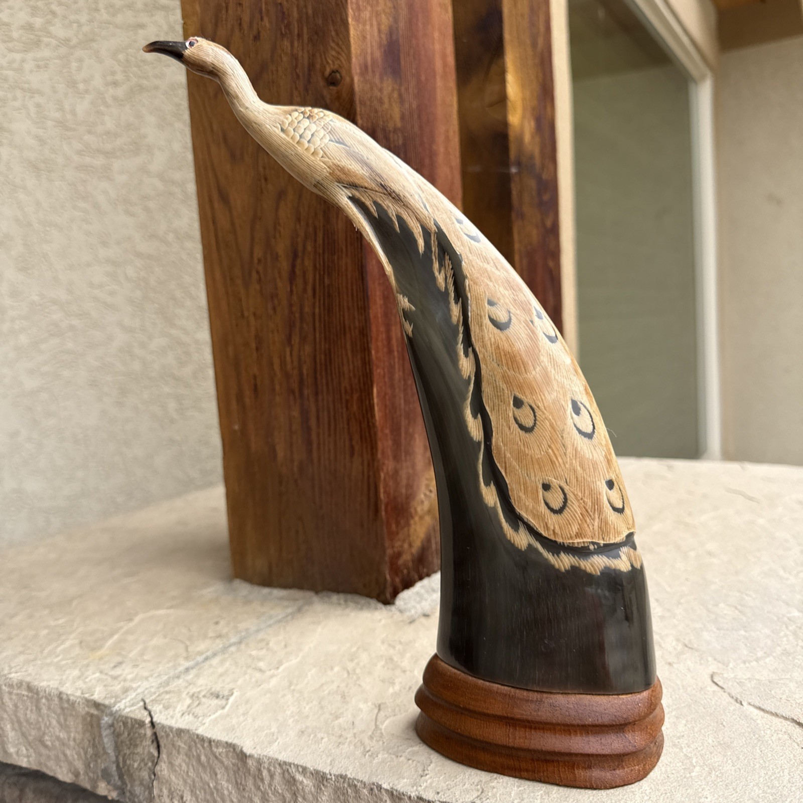 Vintage Hand Carved Horn Peacock Figurine Sculpture Detailed Polished Folk Art