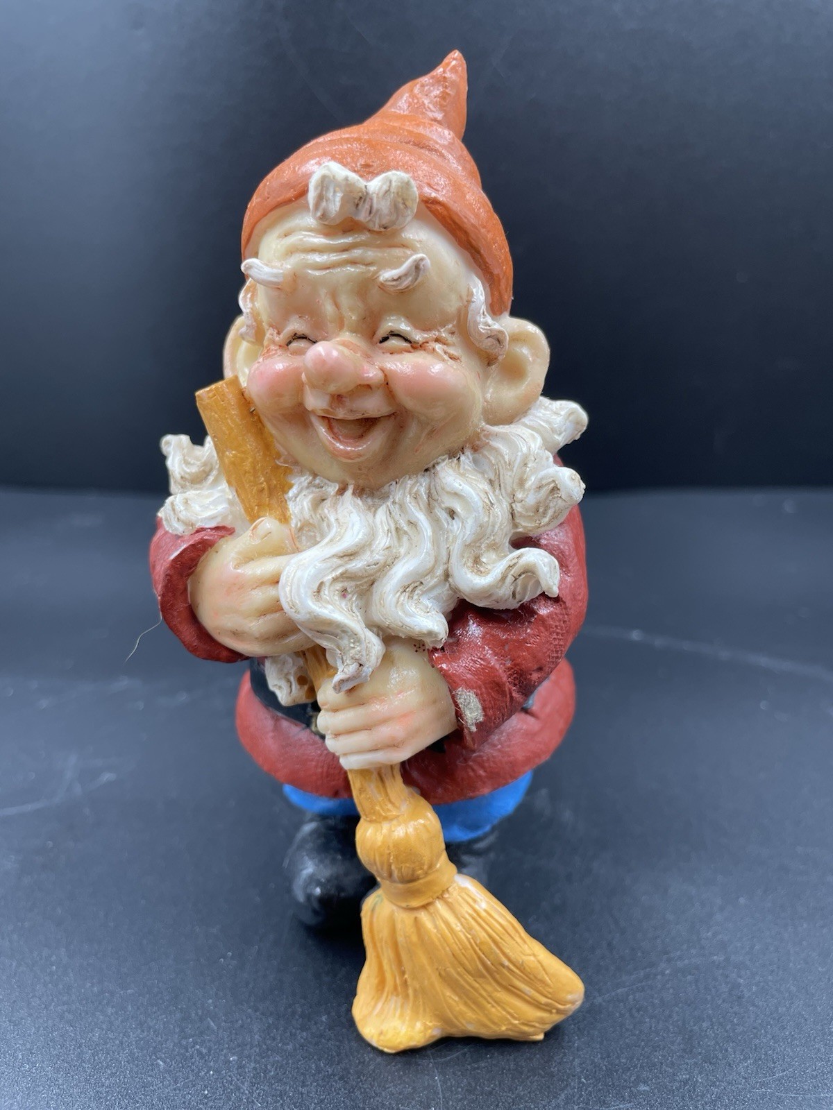 OOAK Mini Garden Gnome Dwarf Sweeping Happy Smiling Resin 4.5” Multicoloured VTG