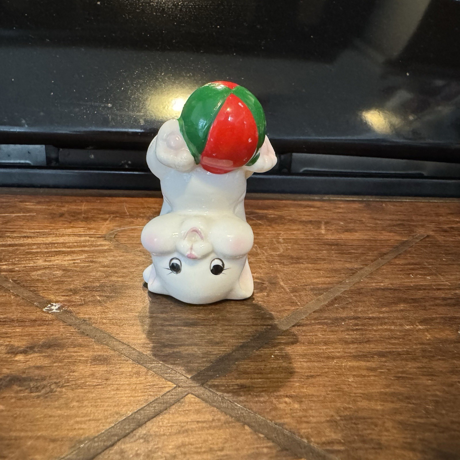 Vintage Porcelain White Kitten Playing with Green And Red Ball