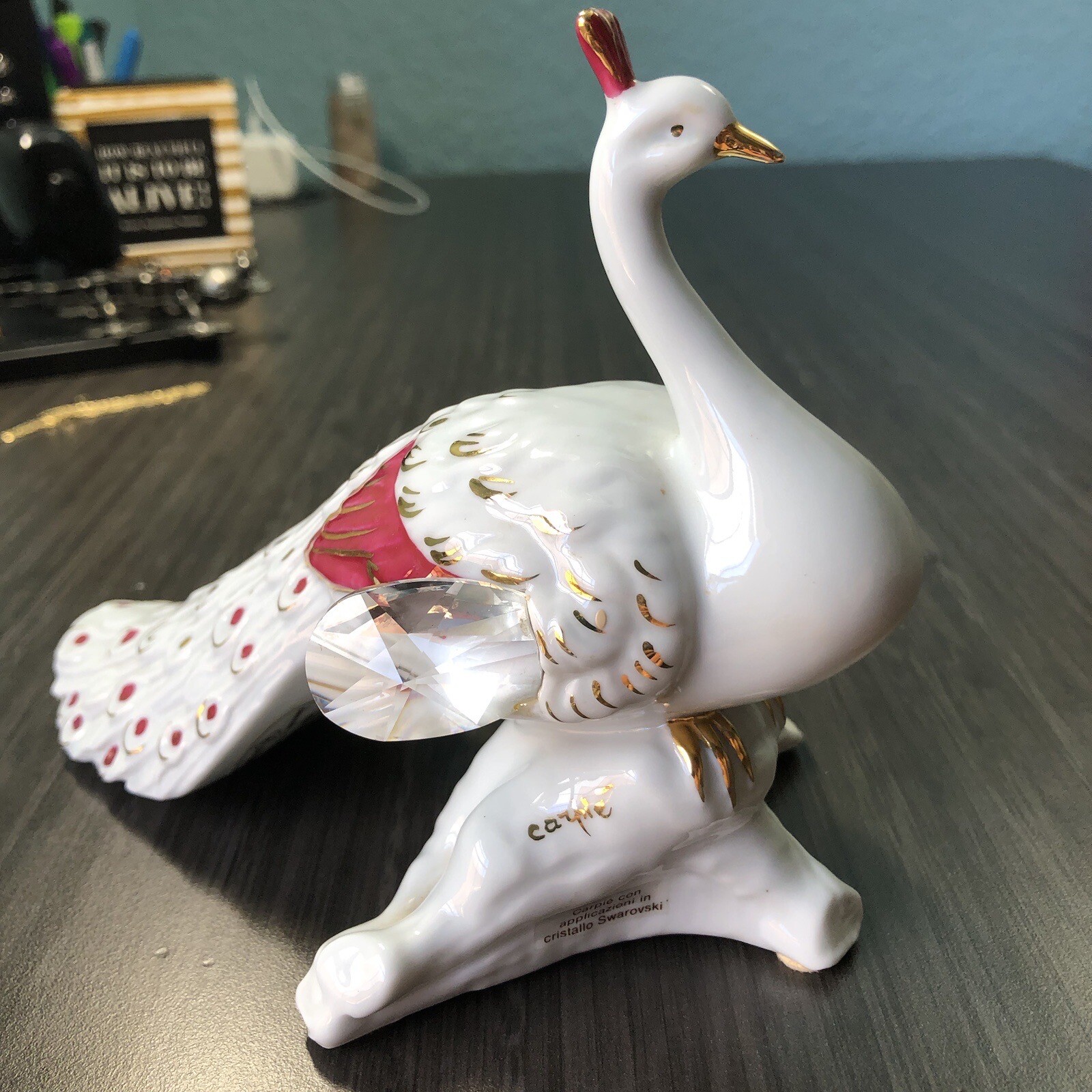 Ceramic & Swarovski Crystal Peacock Figurine – Signed Crystal Porcelain Bird