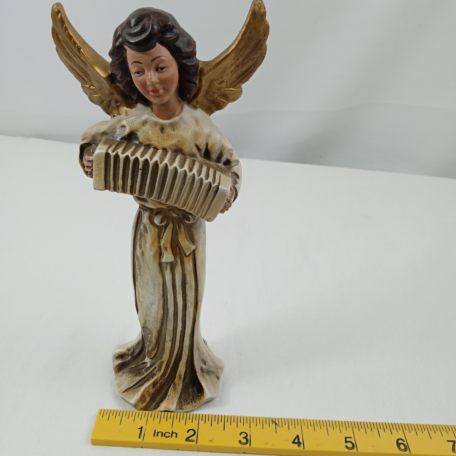 Vintage Angel Figurine Playing Accordion Gold White Distressed 7.5” Japan