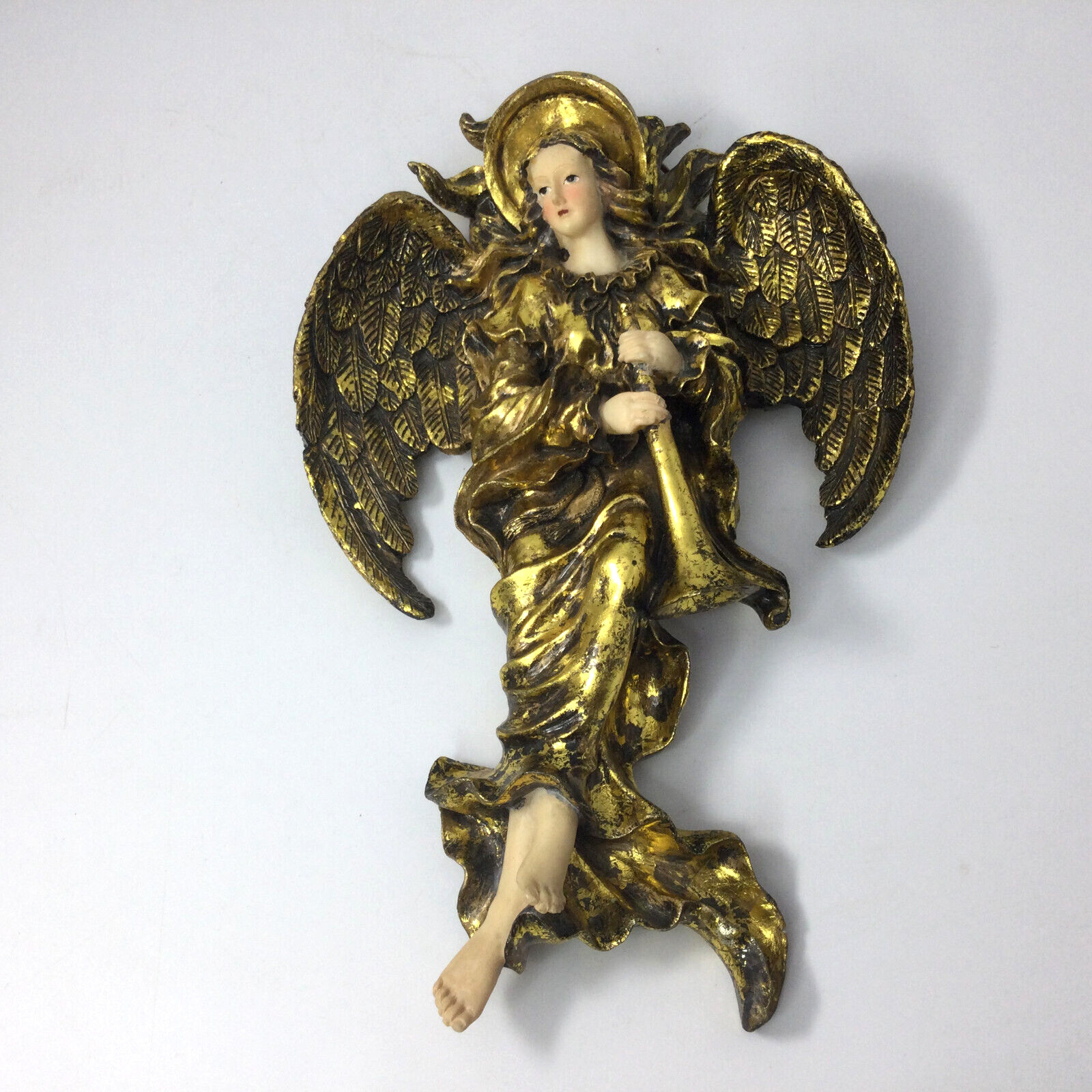 Wall Hanging Figurine Sculpture Angel with Trumpet Resin Gold Leaf Finish 11″ H
