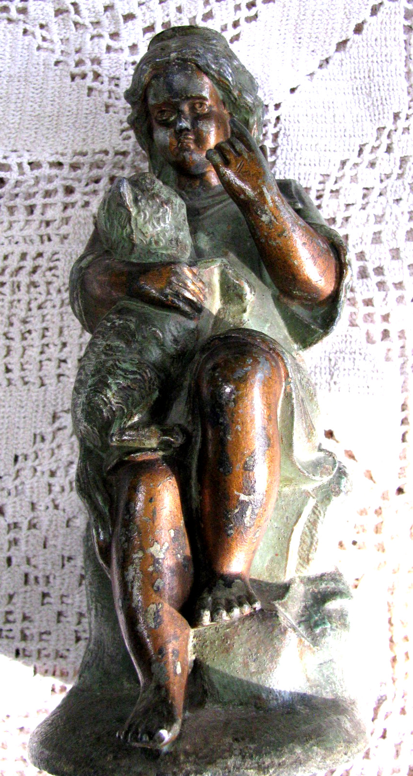 Antiq Bronze Statue Girl Sitting on Stump Holding Dog-Garden or Fountain?