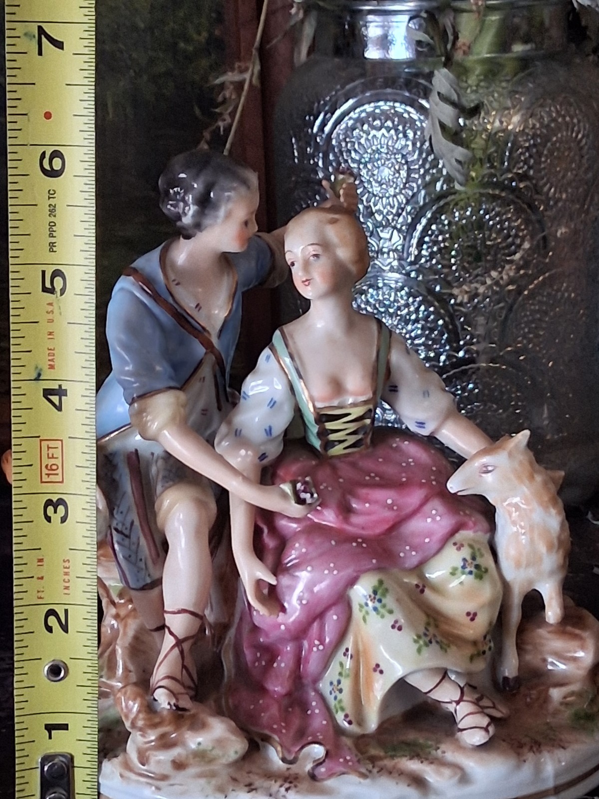 Dresden Style Hand Painted Porcelain Couple w Lamb Floral Figurine Figural Group