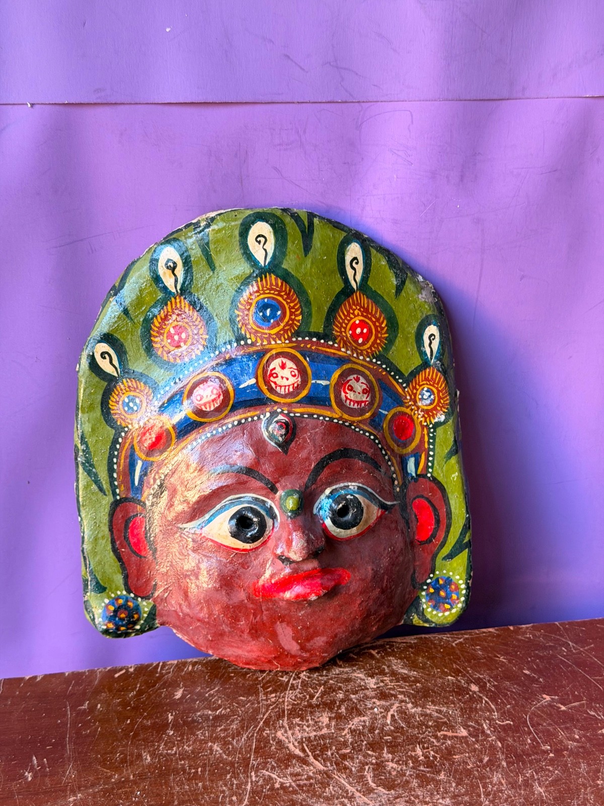 Vintage Nepalese Mask Hand Painted Copper Deity Newar Folk Art Wall Decor