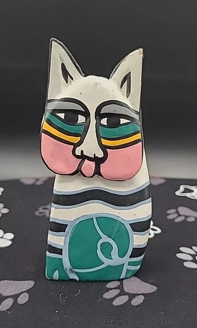 Vintage Laurel Burch Style Carved Wood Cat Figurines 4″ Folk Art