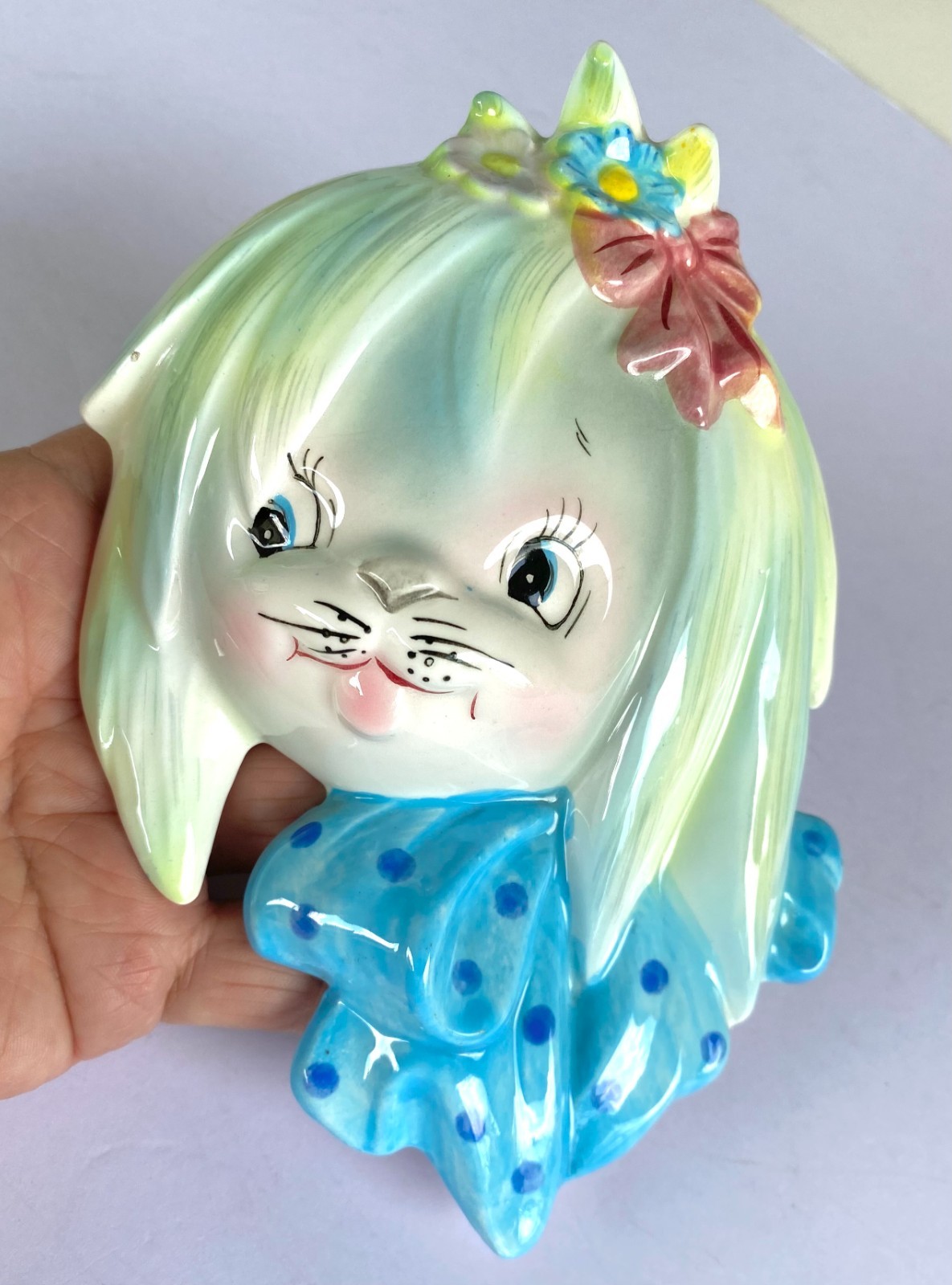 Vintage Lefton Mr Toodles Maltese Dog Wall Pocket Blue Bow Ceramic #2832
