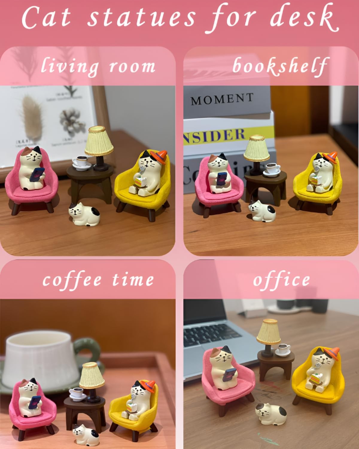 Miniature Cat Figurines Set â€“ 6-Piece Resin Desk Decor with Sofa & Lamp, Cute