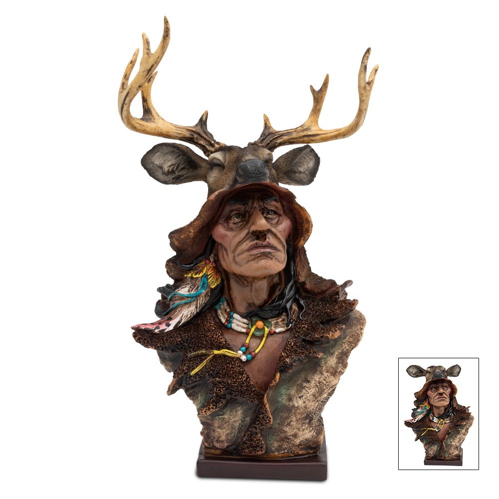 Indian With Deer Head Sculpture | Hand-Painted Polyresin | Removable Antlers