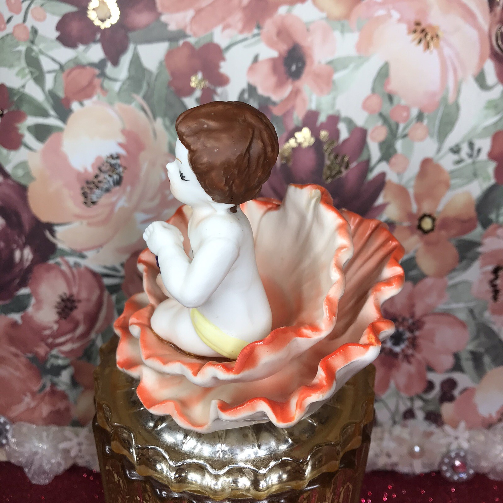 Vtg Norleans August Cherub Sitting In Orange Trim Flower Poppy Figurine Japan