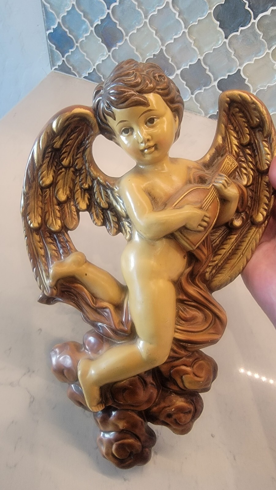 Baroque Style Cupid Angel paper mache/chalkware Hollywood regency wall hanging