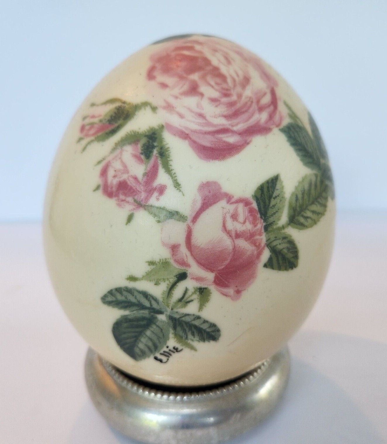 Vintage Painted & Decoupage Ostrich Egg Pink Rose Flowers Leaves Artist Signed