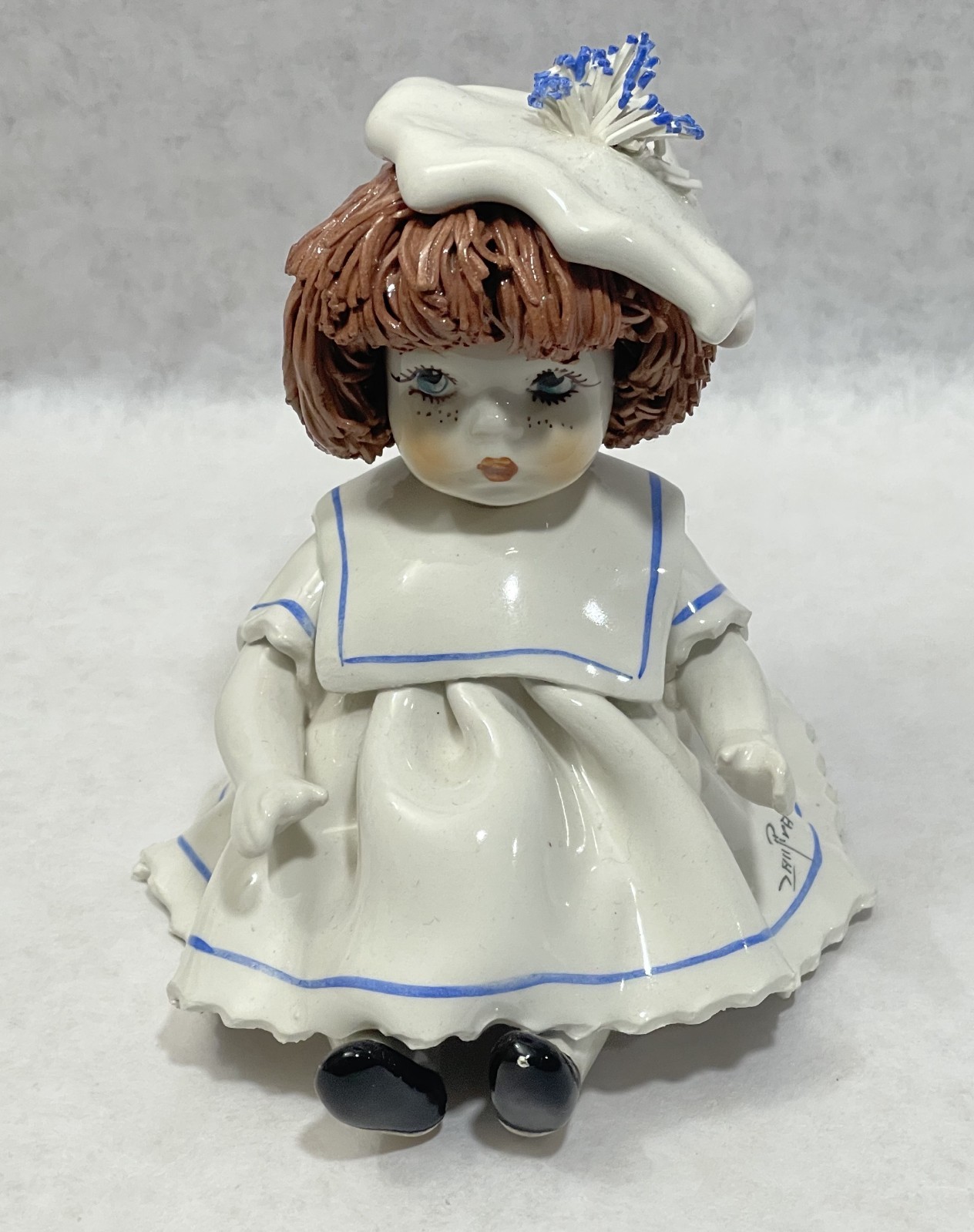 Zampiva Spaghetti Hair Girl Ceramic Doll Sailor Dress Azure Italy Vintage