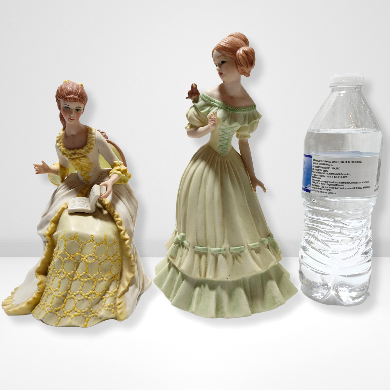 Vintage Victorian Lady Figurine Set – Elegant Lady Reading & Girl w/ Bird Statue