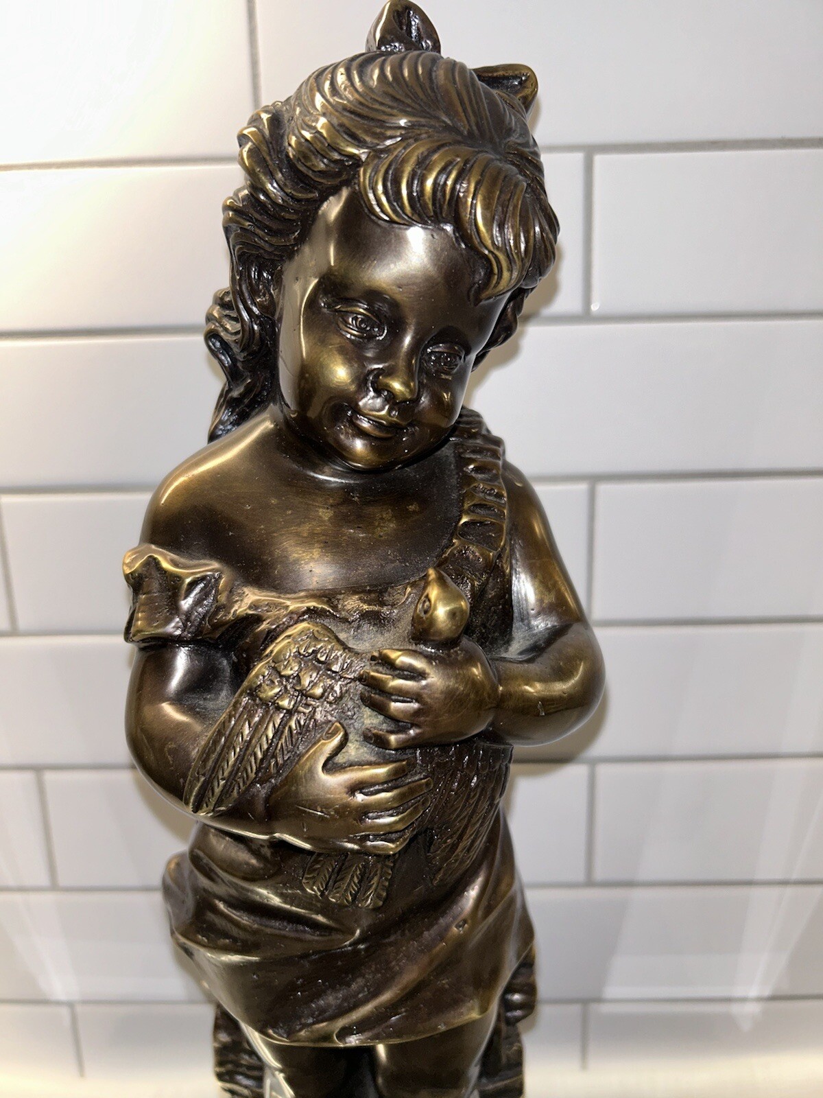 Antique Signed Alexander Doyle Bronze Sculpture of Young Girl W/ Bird 13” 10 lbs