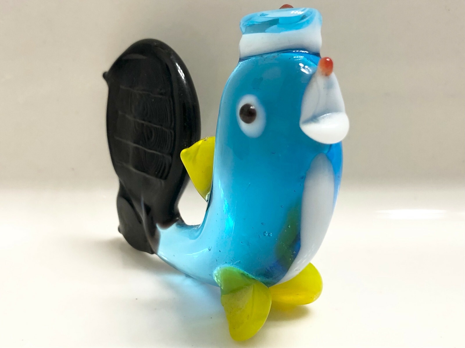 Colorful Blown / Lampwork Glass – Blue Yellow Dolphin with Hat and Wave Figurine