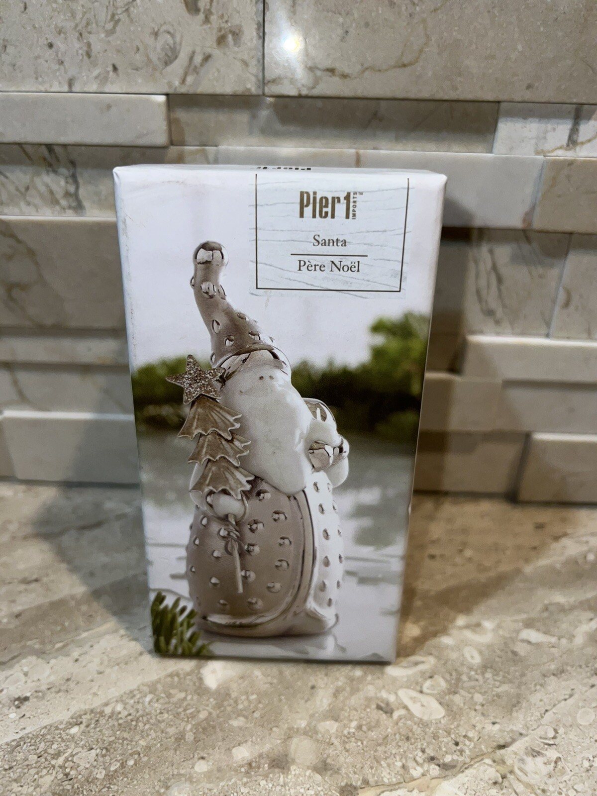 Pier 1 Ceramic Silver & White Santa Figurine Holding Tree