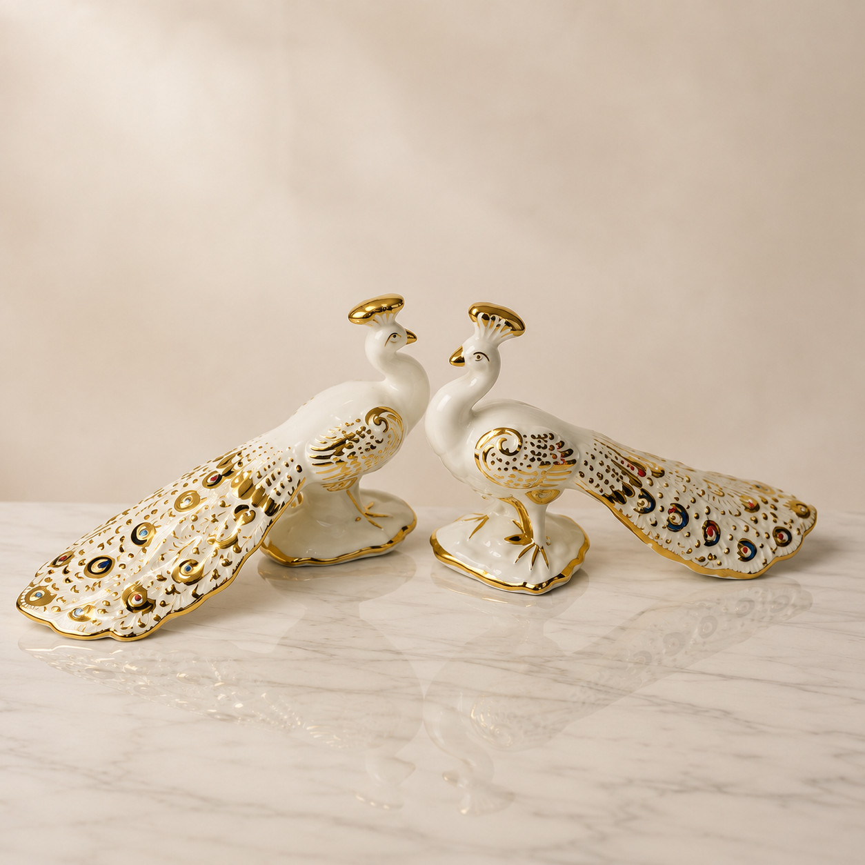 Vintage Ceramic Peacock Figurines Set of 2 White Gold Decorative Birds