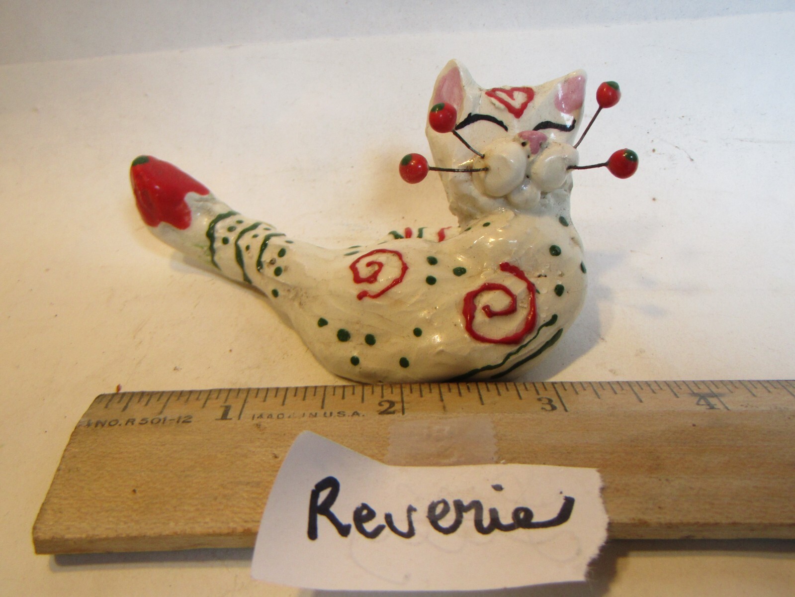Reverie, Adorable Mini Kitty Handmade WhimsiClay Figurine + Free Cat Pin