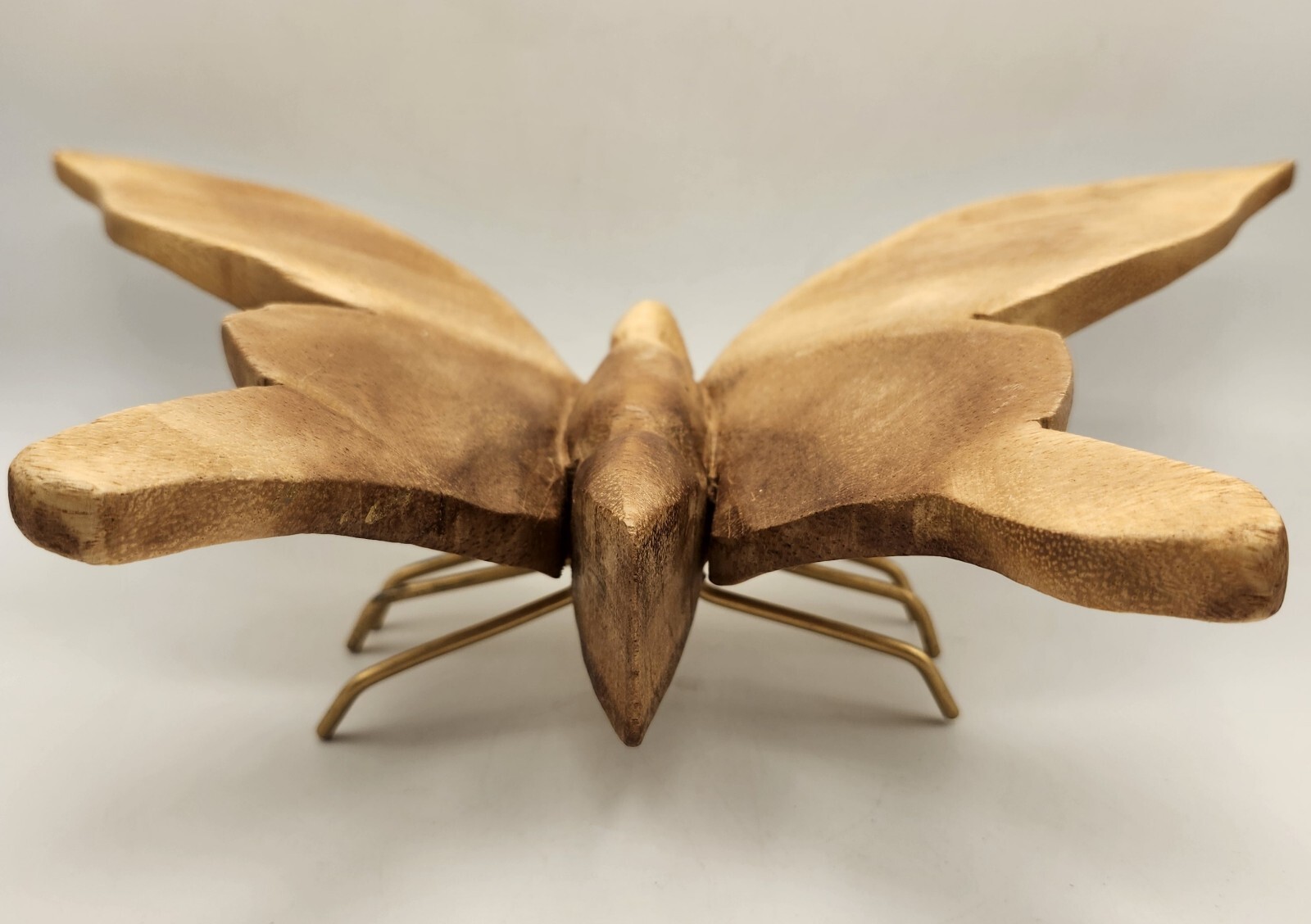 Carved Wood Butterfly Metal Gold Tone Legs Boho Decor
