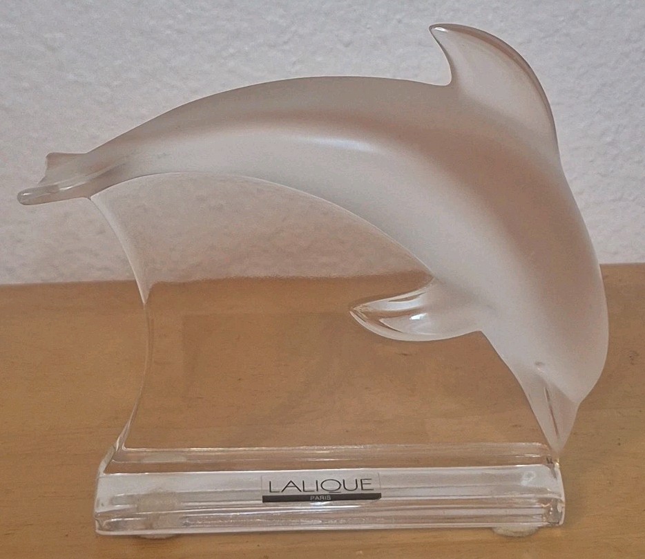 Lalique Frosted/Clear Crystal Dolphin Riding A Wave- Signed Crystal Figurine